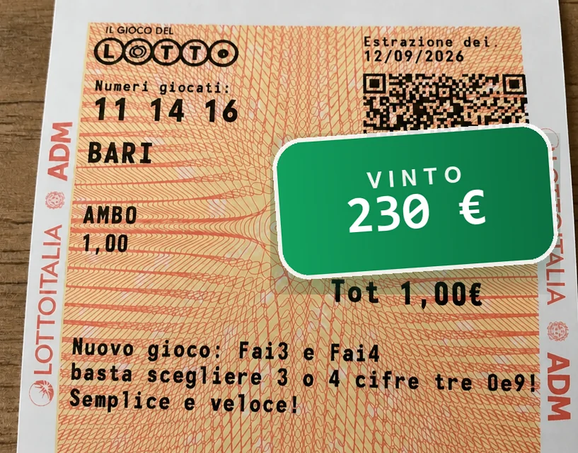 Schedina del Lotto vera: 11 14 16 giocati su Bari, 3 ambi nell'estrazione del 12 settembre 2026